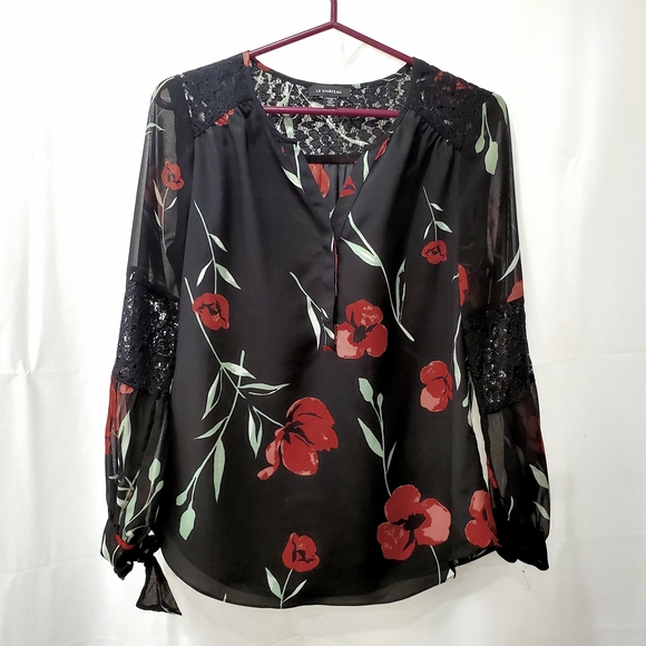 le chateau Tops - Le Chateau Black Blouse with Red Floral Design And Lace Detailing